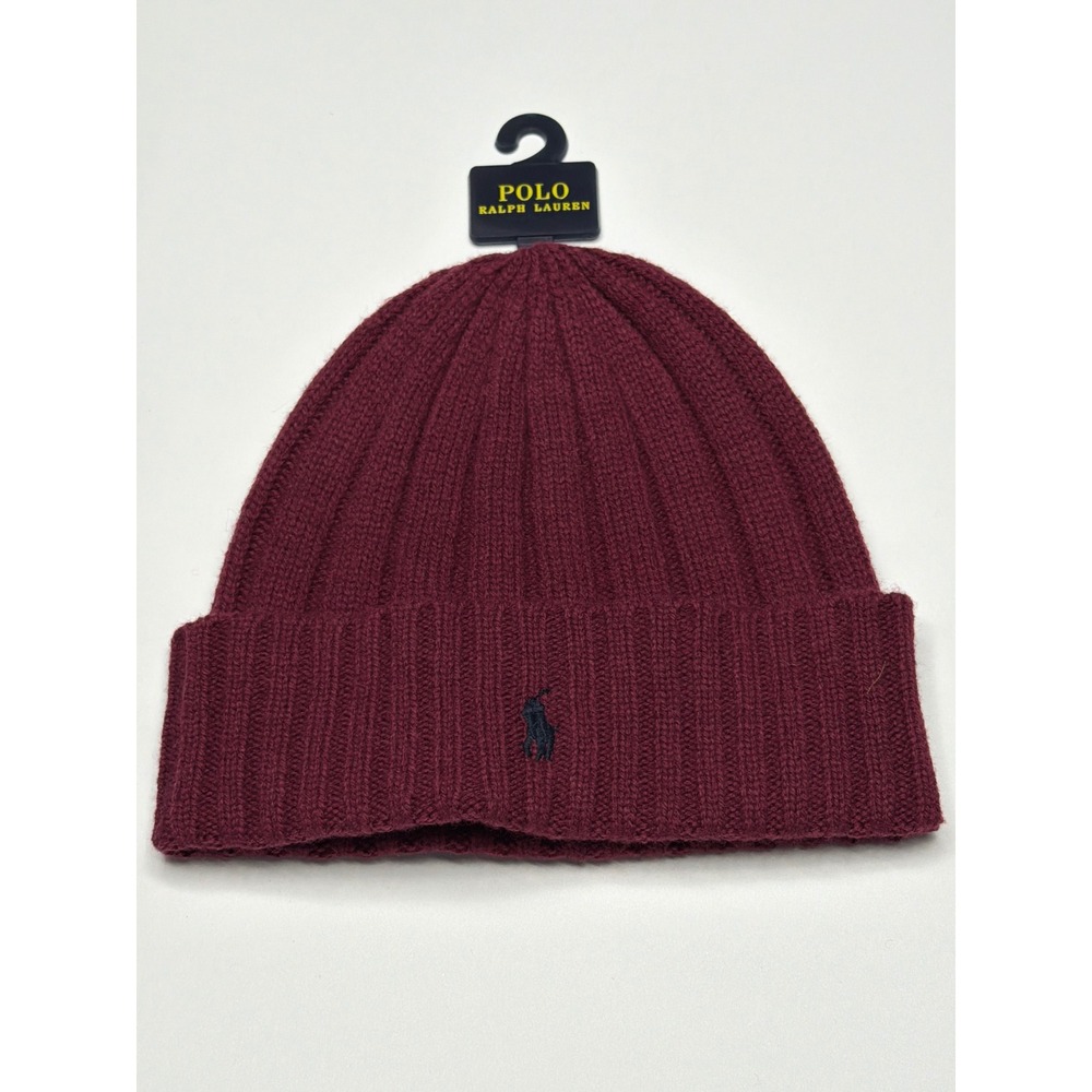 Polo Ralph Lauren Ribbed Beanie Hat Burgundy One Size Unisex Wool Blend